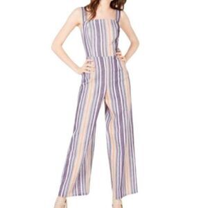 Fishbowl Stripe Button Linen Cropped Jumpsuit Blue Orange Juniors 9